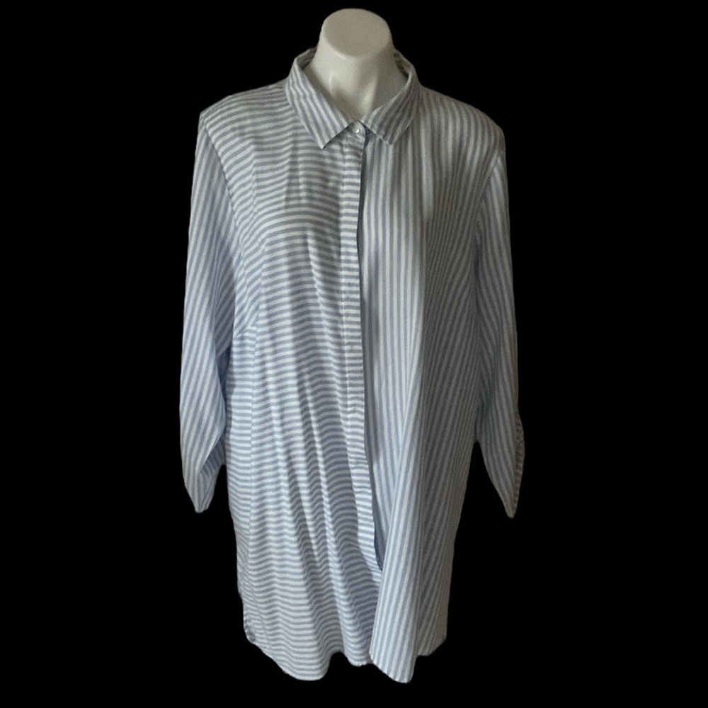 New Directions Curvy Blue and White Striped Buttoned Down Shirt Dress Plus Size